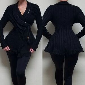 FORLA Paris Boho Goth Black Eyelet Lace Sequin Asymmetrical Tie-Waist Cardigan
